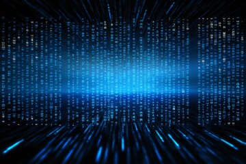 Blue digital binary data on computer screen background.