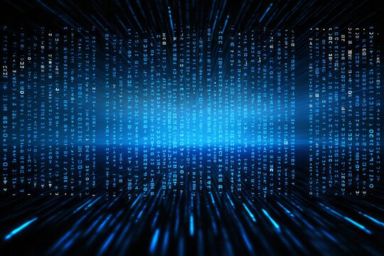 Blue digital binary data on computer screen background.