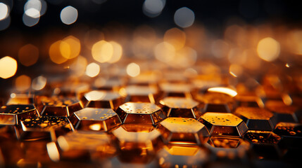Fototapeta premium Golden Hues and Defocused Circle Lights in Mesmerizing Bokeh. Generative AI