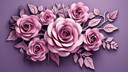 Beautiful Pink Rose with Ornament in Papercut Style on a Purple Background - Romantic Floral Design. Generative AI
