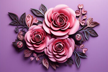 Delicate Pink Rose with Ornament in Papercut Style on a Purple Background - Floral Art for Romantic Designs. Generative AI