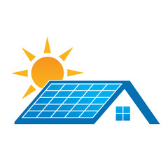 Solar Panel on Roof Logo. Solar Energy  Logo. Solar Panel on Roof at Home. Vector Illustration Isolated on White Background. 