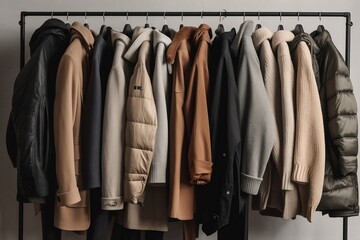 Modern male man neutral colors autumn capsule wardrobe with different coats on grey background....