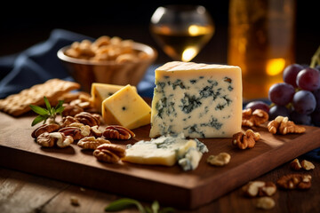 Obraz na płótnie Canvas Blue stilton cheese on cheese board with grapes and walnuts . Created with Generative AI