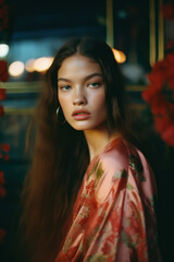 portrait of a woman/model/book character in an illuminated urban setting at night with lights in a fashion/beauty editorial magazine style film photography look - generative ai art