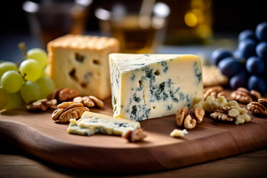 Blue stilton cheese on cheese board with grapes and walnuts . Created with Generative AI