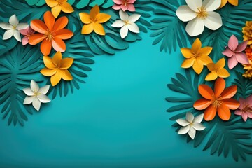 Tropical flowers on turquoise table background, copy space, in the style of poster, collage-based