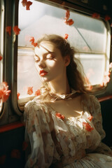 portrait of a woman/model/book character in a vintage train with floral details in a fashion/beauty editorial magazine style film photography look  - generative ai art