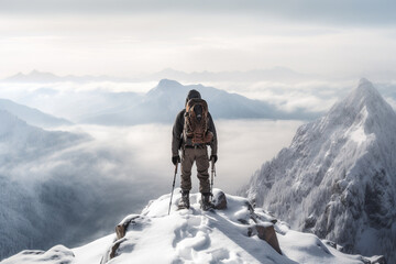 Hiker stands at the summit of a difficult mountain climb, winter scene. Created with generative AI