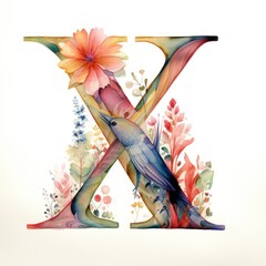 Colorful Floral Watercolor Alphabet Letters. Letter X. Isolated on white background. Generative AI Digital Illustration.