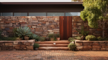 Front of one storey contemporary architect designed townhouse home. Facing with natural stone.