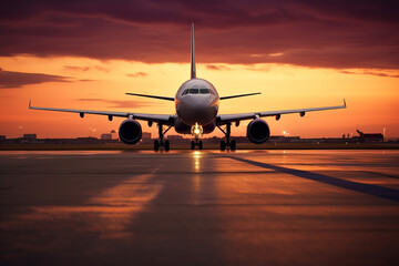 Boeing airplane on runaway at sunset