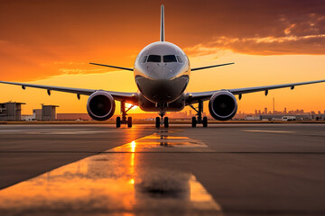 Boeing airplane on runaway at sunset