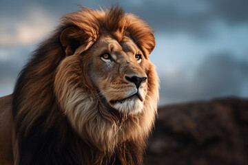 Majestic and beautiful portrait of a lion in the African safari wilderness