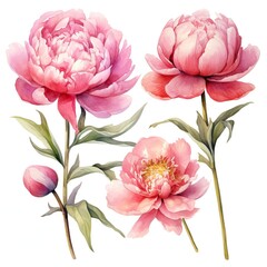 Set of Watercolor Peony Flowers on White Background AI Generated
