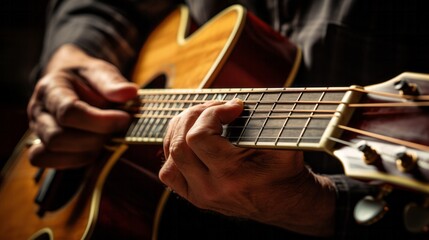 close up of hands playing classic guitar.