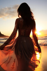 Silhouetted woman wearing an elegant sheer dress on the beach at sunset