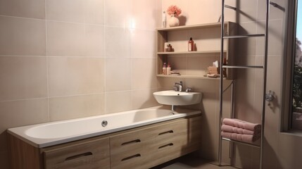Fototapeta na wymiar Minimalist Room Interior with Modern Furniture. Bathroom. Postprocessing Generative AI.