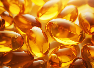 close-up photo of golden fish oil softgel supplement capsules