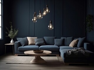 The interior design of the modern living room with a Beige corner sofa in the room and dark blue walls generative ai
