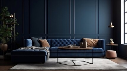 The interior design of the modern living room with a Beige corner sofa in the room and dark blue walls generative ai
