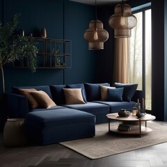 The interior design of the modern living room with a Beige corner sofa in the room and dark blue walls generative ai