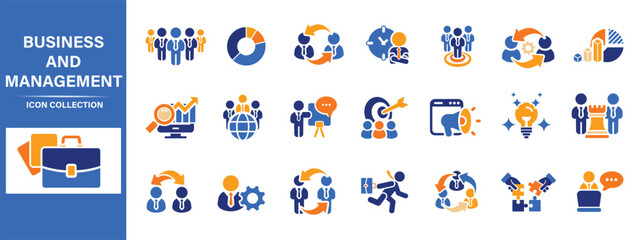 Business, data analysis, organization management and technology icon set. Teamwork, strategy, planning, marketing, cloud technology, data analysis, employee icon set. Icons vector collection	