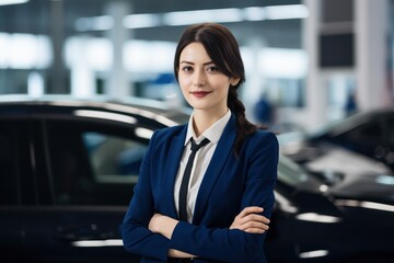 The female salesperson at a car showroom. Generative Ai.