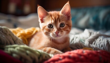 Bedtime Cuteness Adorable Ginger Kitten Strikes a Pose on a Dreamy Bed, Generative AI