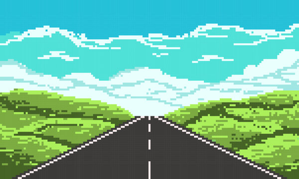 Pixel straight highway with forest and meadows background. Blank asphalt road with markings and summer natural landscape on sides and blue sky with vector clouds