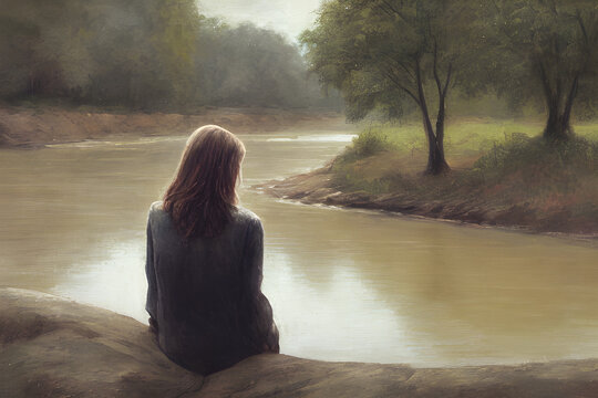 A  woman lost in thought on the river bank
Generative AI