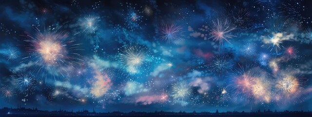 Fototapeta na wymiar Bursting fireworks illuminate the night sky, forming a mesmerizing celebratory background. Generative AI