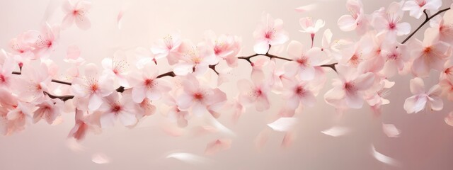 Delicate cherry blossom petals cascade gently, creating a serene springtime background. Generative AI