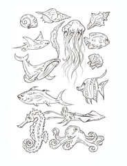 Naklejka premium hand drawn illustration of fishes pencil drawing for card decoration illustration card