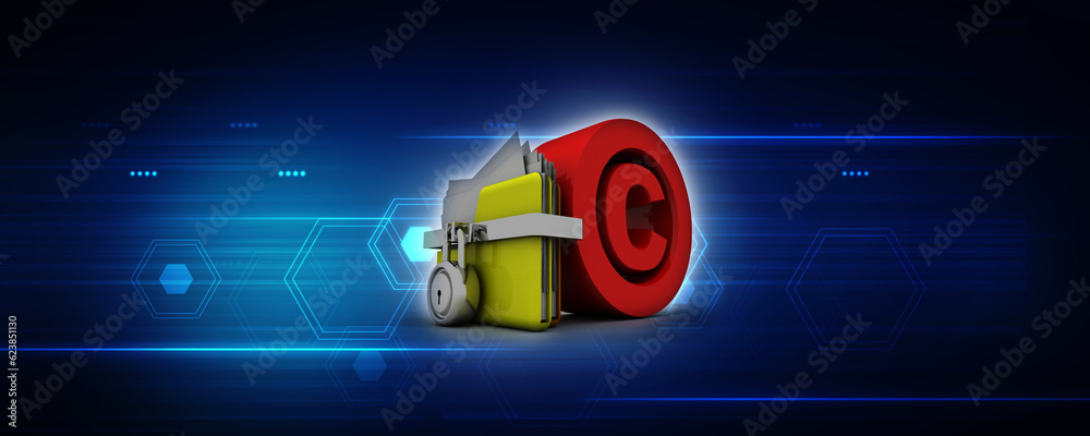 Poster 3d rendering yellow folder and lock. data security concept