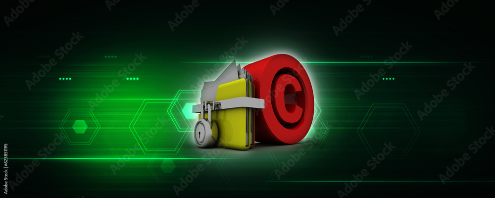 Poster 3d rendering yellow folder and lock. data security concept