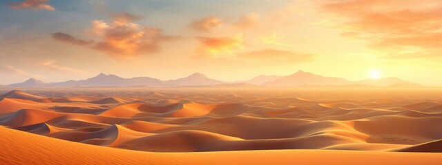 Obraz premium Golden sand dunes undulate across a vast desert landscape, composing a mesmerizing sandy background. Generative AI