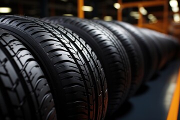 Checking the condition of new tires in stock for replacement at a service center or auto repair shop. Tire warehouse for the automobile industry