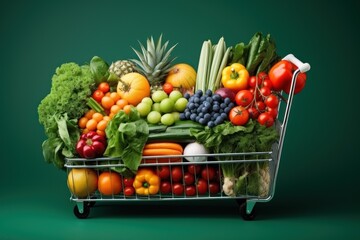 Supermarket cart full of fresh vegetables and fruits, healthy organic food concept.