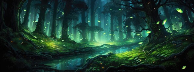 Luminous fireflies dance among lush green foliage, forming an enchanting nocturnal forest background. Generative AI