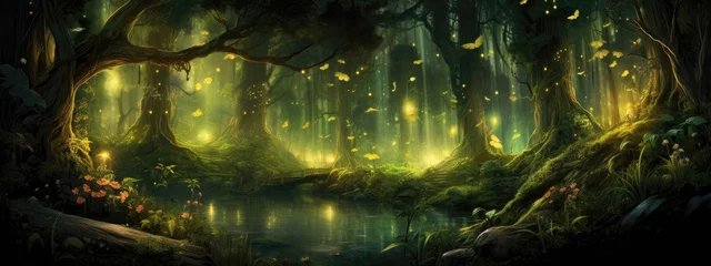 Keuken foto achterwand Sprookjesbos Luminous fireflies dance among lush green foliage, forming an enchanting nocturnal forest background. Generative AI