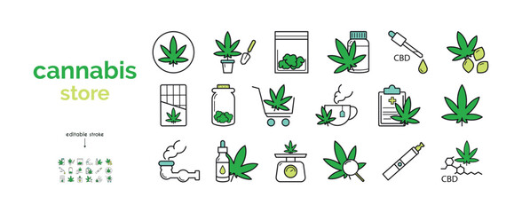 Set of vector line icons of cannabis store. Medical Marijuana. Legal use of cannabis.  - obrazy, fototapety, plakaty