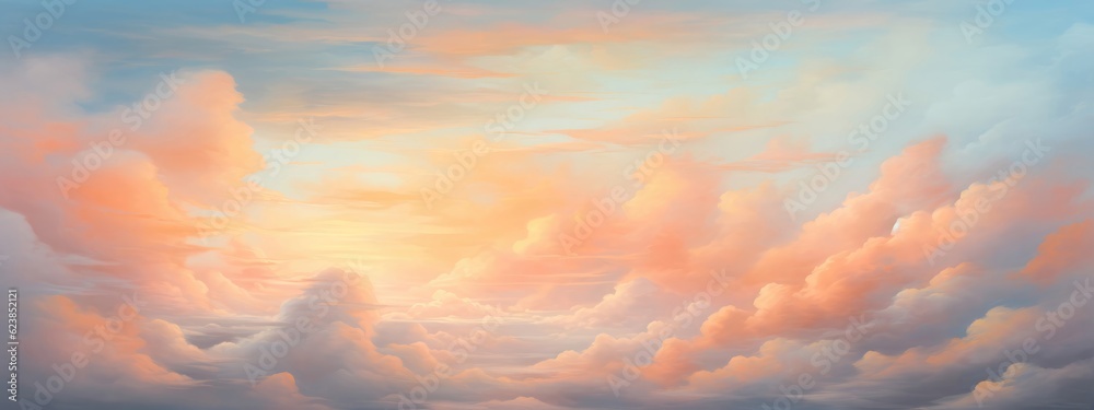 Sticker Soft pastel clouds blend seamlessly against a warm sunset horizon, crafting a serene sky background. Generative AI