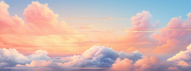 Soft pastel clouds blend seamlessly against a warm sunset horizon, crafting a serene sky background. Generative AI