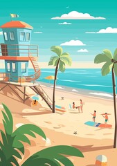 Obraz premium Dreamy Coastal Escapades: Embarking on a Visual Journey through Captivating Beach Illustrations, Unveiling the Allure of Seaside Serenity