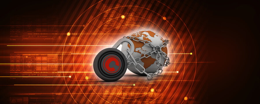 

3d illustration copyright symbol concept with lock near globe