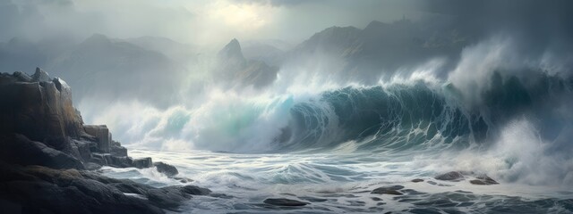 Waves crash against weathered cliffs, crafting a dramatic coastal background. Generative AI