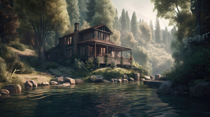 Beautiful villa on the lake with mountains in the background, 8k, generative ai