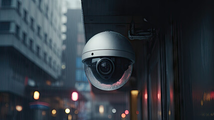 round video surveillance camera (cctv) on the background of the city, 8k, generative ai