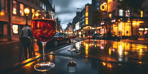 glass of red wine on table in street cafe at evening on city blurred car traffic light